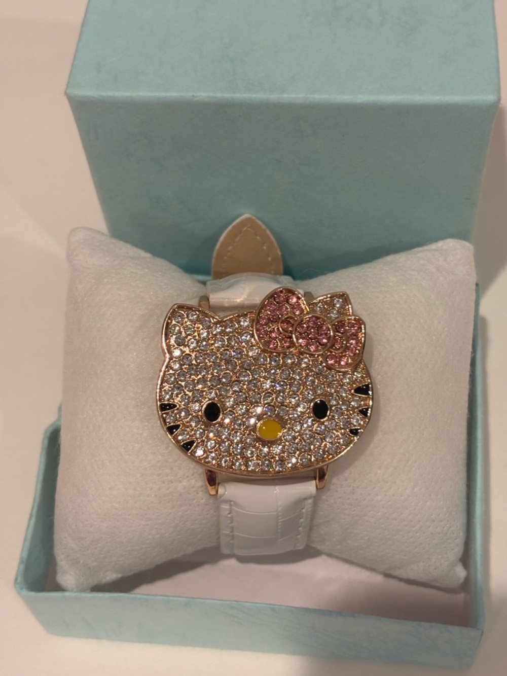 Hello Kitty Watch Crystal-Paved Face w/Pink Bow and White Strap
